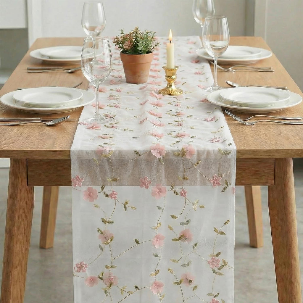 Artoid Mode Pink 3D Flower Gauze Embroidery Table Runner 120 Inch 10FT