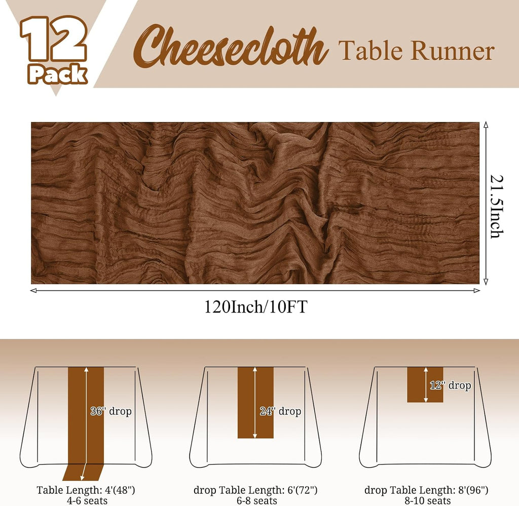 12 Pack Brown Table Runner 10Ft Cheesecloth Table Runner Rustic Gauze Table Runners Romantic Long Sheer Fabric Cheese Cloth Table Runners for Wedding Party Bridal Baby Shower