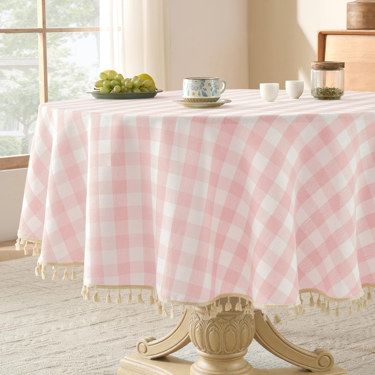 Softalker Fall Gingham Rectangle Tablecloth with Tassel, Orange, 55" x 84"