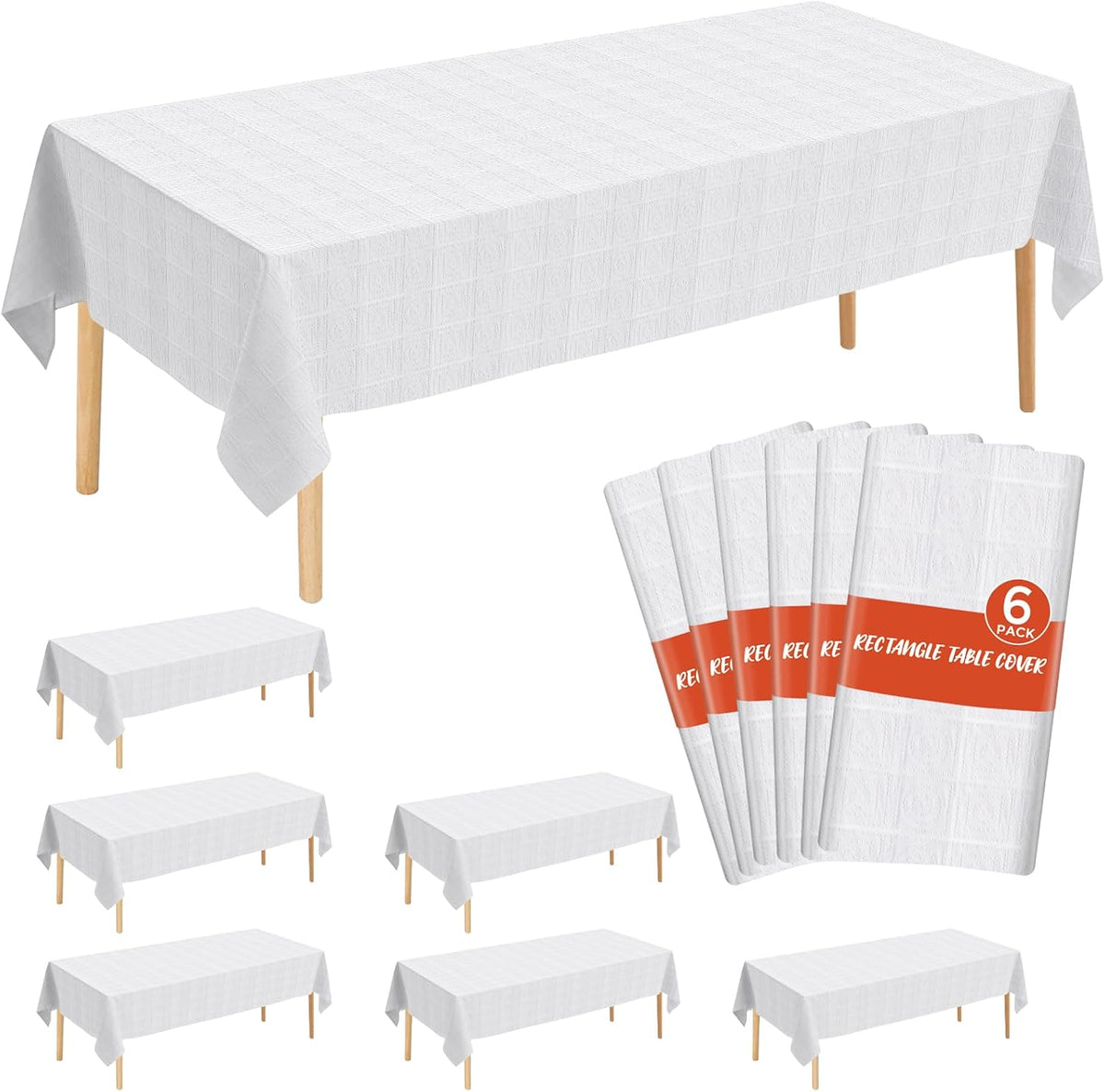 White Paper Tablecloths 6 Pack, 54x108 Disposable Paper Table Cover with Plastic Backing, 3 Ply Paper & Plastic Table Cloth for 6-8 Ft Rectangle Tables Water Resistant Wedding Banquet