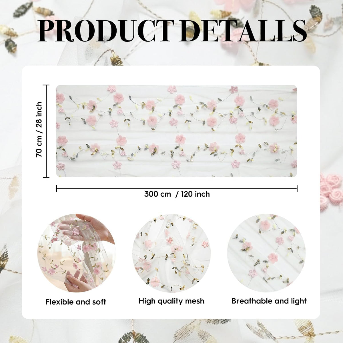 Artoid Mode Pink 3D Flower Gauze Embroidery Table Runner 120 Inch 10FT