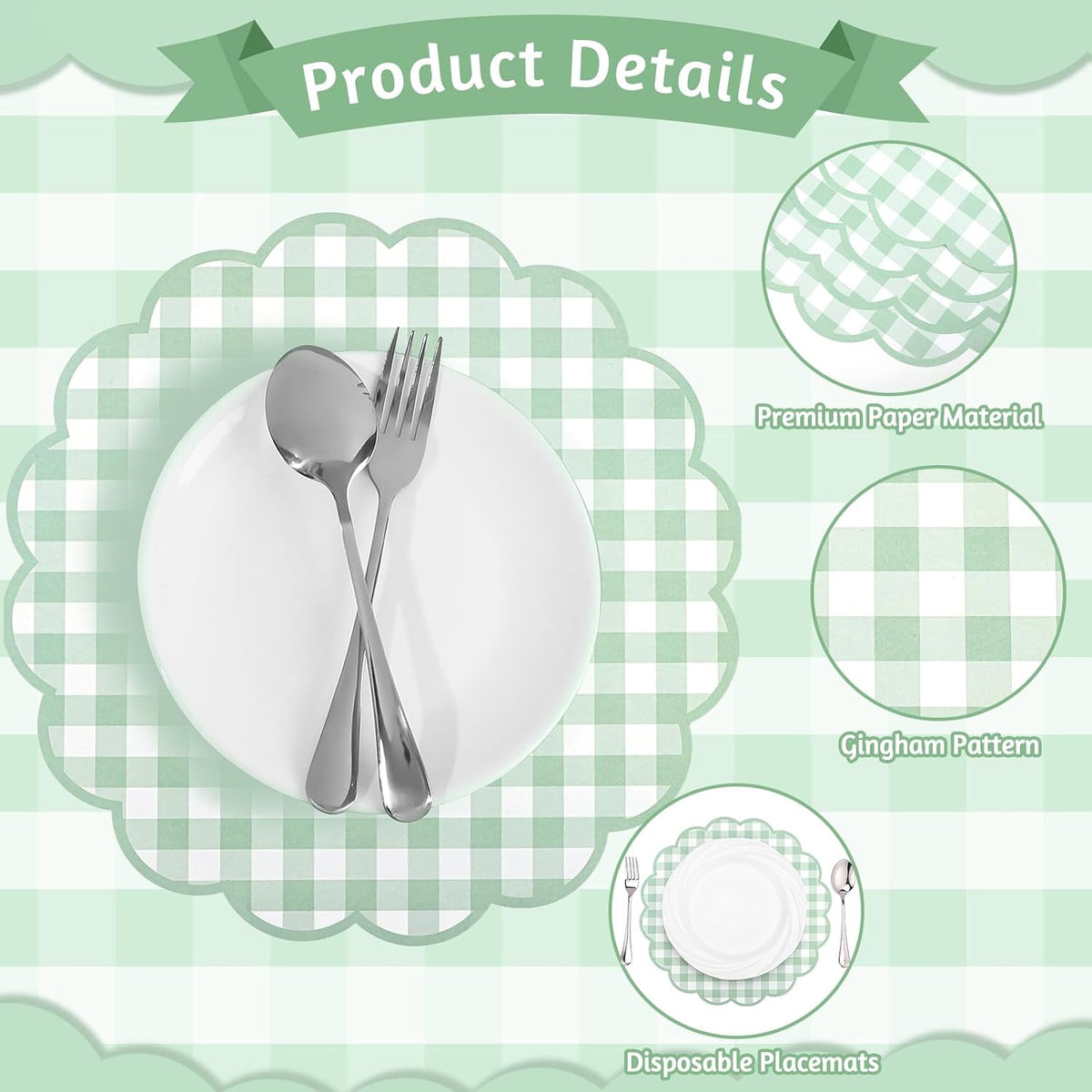 60 Pcs Sage Green Gingham Paper Placemats, Scalloped Checkered Place Mats