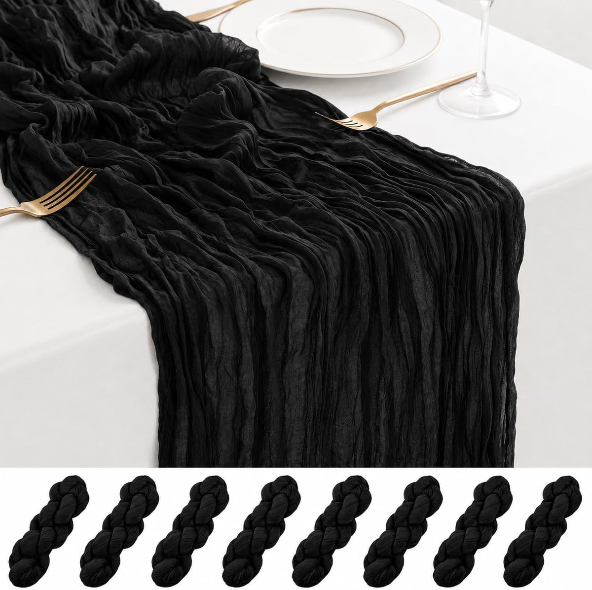 8 Pack Black Cheesecloth Table Runner 17x108 Inch Boho Gauze Sheer Table Runners for Wedding Party Shower Bridal Shower Birthday Home Decor