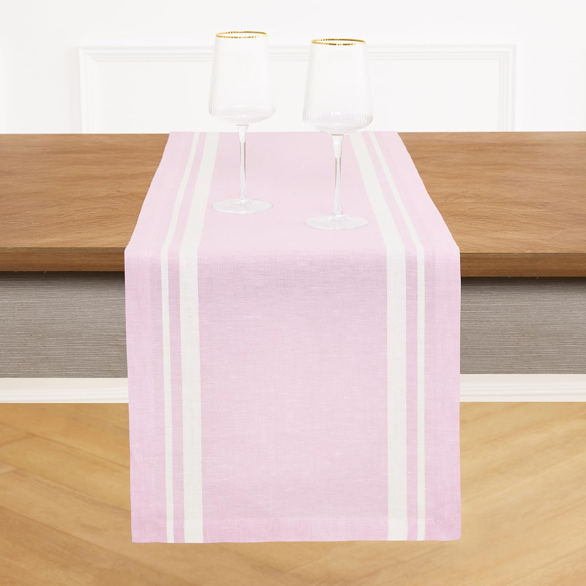 Solino Home 100% Pure Linen Table Runner, 14 x 108 in, Black, French Stripe