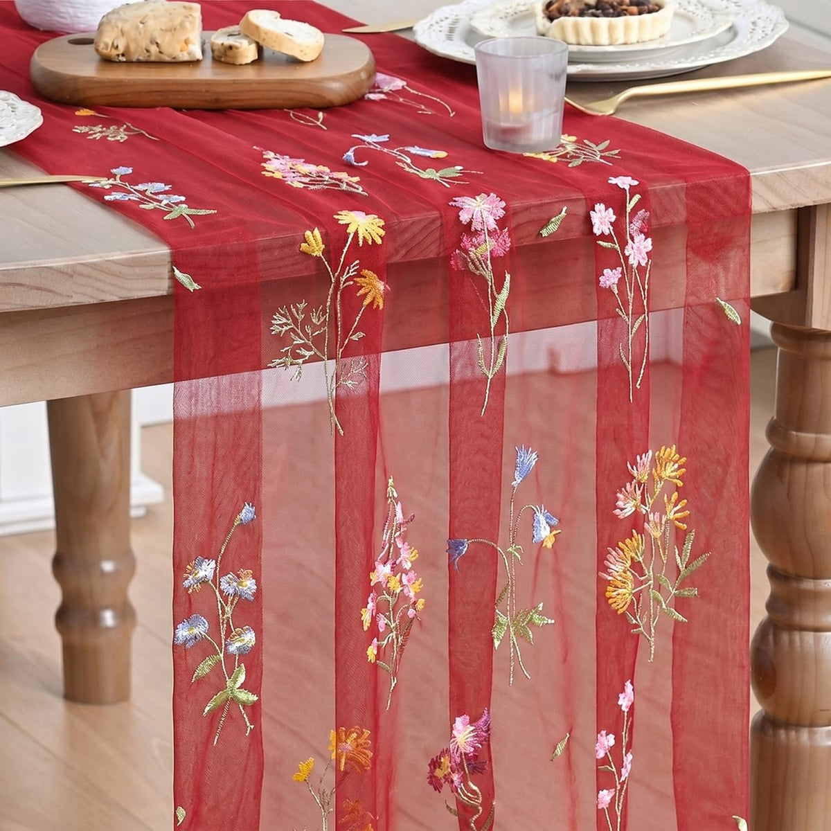 Artoid Mode Floral Apricot Gauze Embroidery Table Runner 120 Inch 10FT