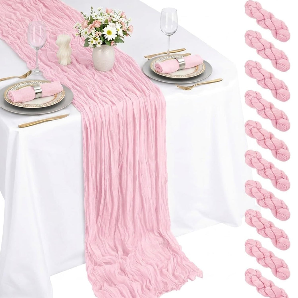 10 Pack Light Pink Cheesecloth Table Runner 22X120 Inch Gauze Table Runner