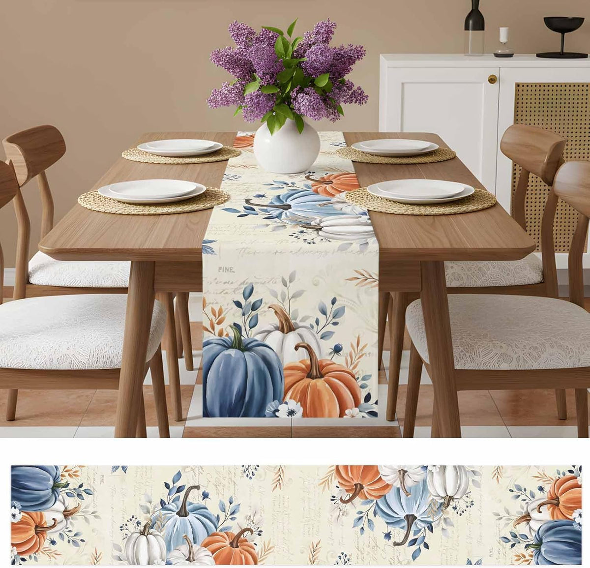 Fall Table Runner 13x70 Inches Long Blue Pumpkin Table Runners Floral Leaves Cotton Linen Autumn Harvest Dresser Scarf Kitchen Dining Table Decor for Thanksgiving Holiday Party Coffee Indoor Outdoor