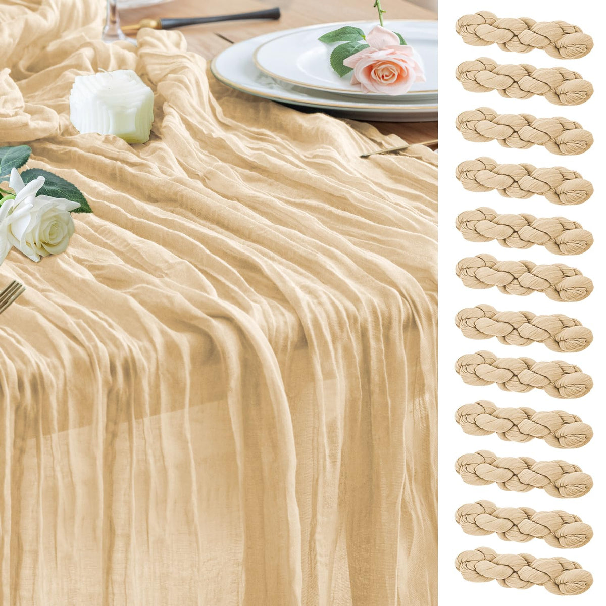 Wokceer Cheesecloth Table Runner Beige 10FT Boho Gauze Runner, 2 Pack