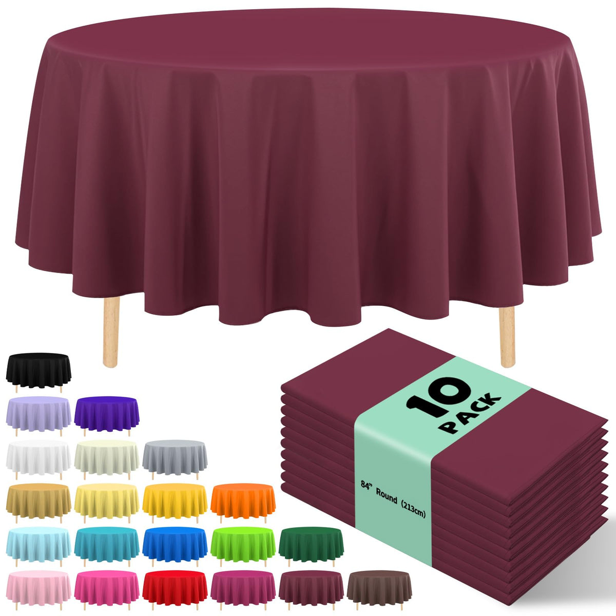 10 Pack Gold Round Tablecloth 84 Inch Round Plastic Table Cloth Disposable Waterproof Table Cover for Wedding Birthday Bridal Shower Party Decorations