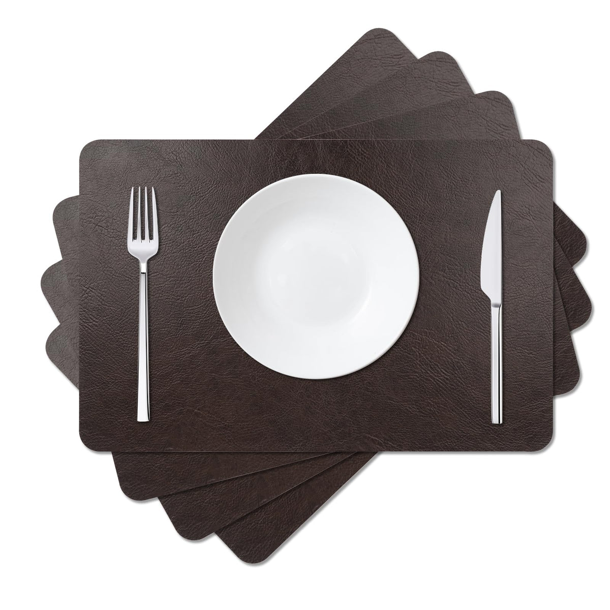Cowhide Pattern Faux Leather Placemats Set of 6,Heat Resistant Non-Slip Waterproof Wipeable Washable Kitchen Dining PU Table Place Mats,Double-Sides Available,Black Brown