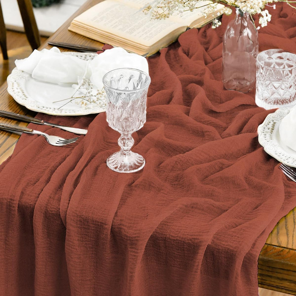 Artoid Mode Boho Cheesecloth Gauze Forest Green Wedding Table Runner, 160 Inch Seasonal Fabric Kitchen Dining Holiday Table Decor for Home Party Indoor