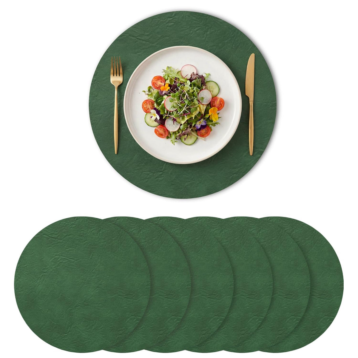 Artoid Mode Olive Green Faux Leather Placemats Set of 6, 15 Inch Waterproof Wipeable Heat Resistant Vinyl Place Mats, Reversible Table Mats for Kitchen Dining Decor
