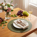 Artoid Mode Olive Green Faux Leather Placemats Set of 6, 15 Inch Waterproof Wipeable Heat Resistant Vinyl Place Mats, Reversible Table Mats for Kitchen Dining Decor