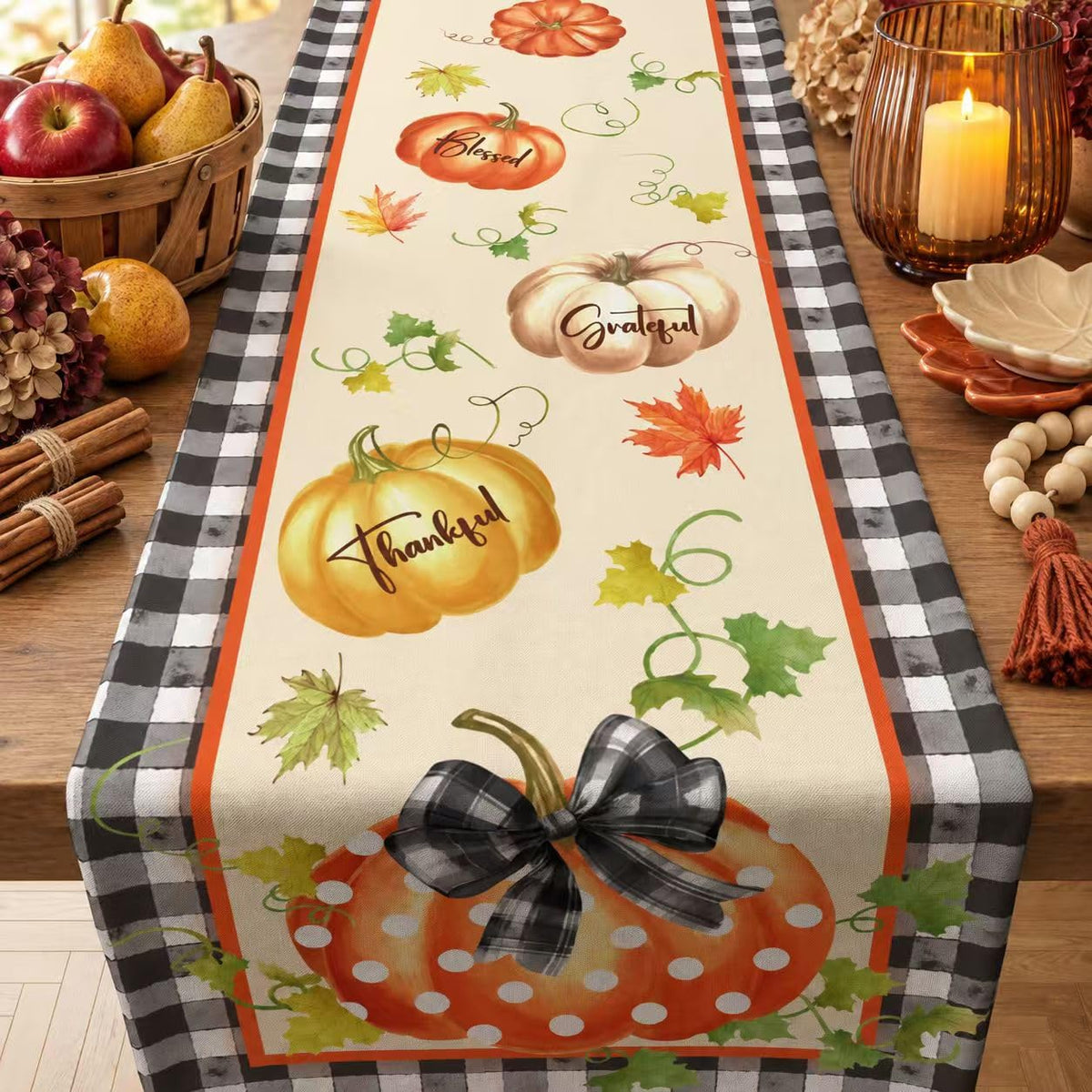 Thanksgiving Table Decor - Vintage Autumn Pumpkin Floral Table Runner