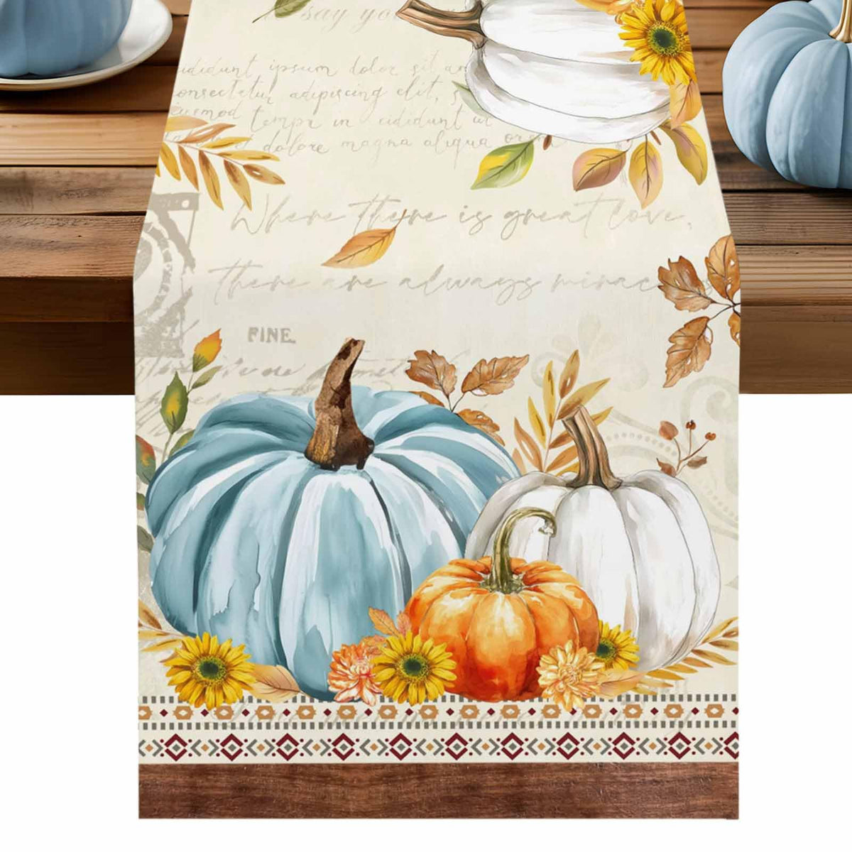 Fall Table Runner 13x70 Inches Long Blue Pumpkin Table Runners Floral Leaves Cotton Linen Autumn Harvest Dresser Scarf Kitchen Dining Table Decor for Thanksgiving Holiday Party Coffee Indoor Outdoor