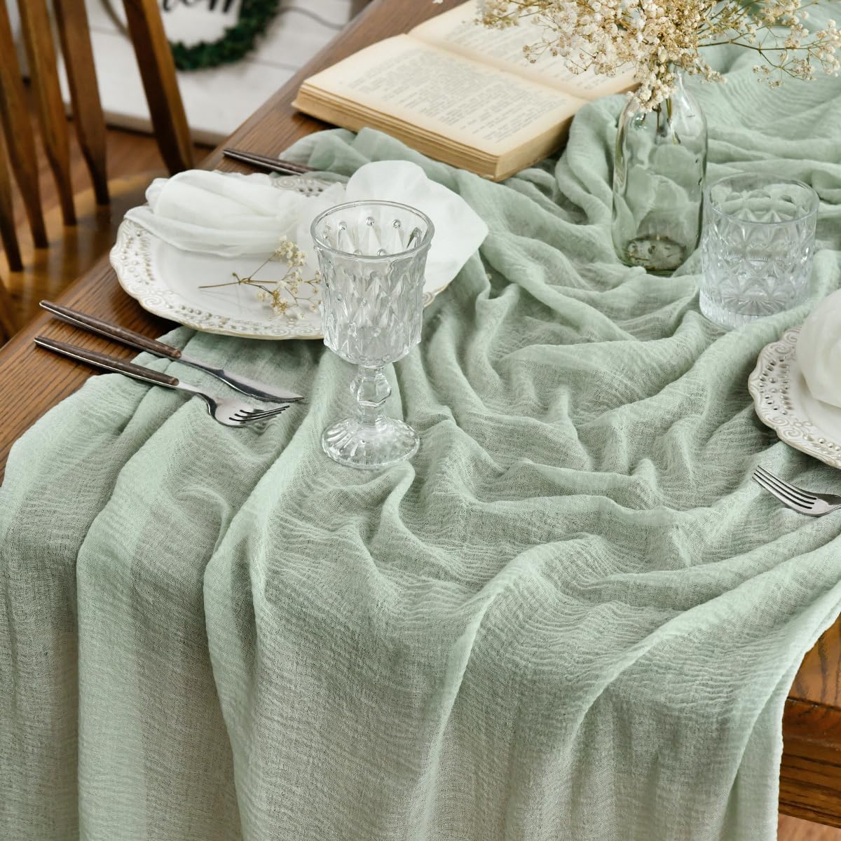 Artoid Mode Boho Cheesecloth Gauze Forest Green Wedding Table Runner, 160 Inch Seasonal Fabric Kitchen Dining Holiday Table Decor for Home Party Indoor