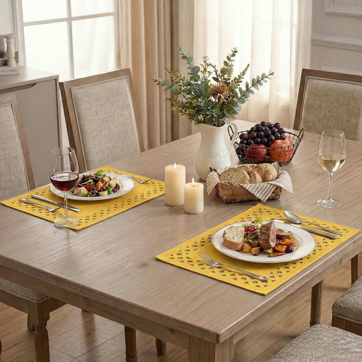 Artoid Mode Farmhouse Placemats Set of 4, Linen Textured Lattice Cutwork Place Mats for Kitchen Dining Table Decor and Outdoor Party, 12 x 18 Inchs, Yellow
