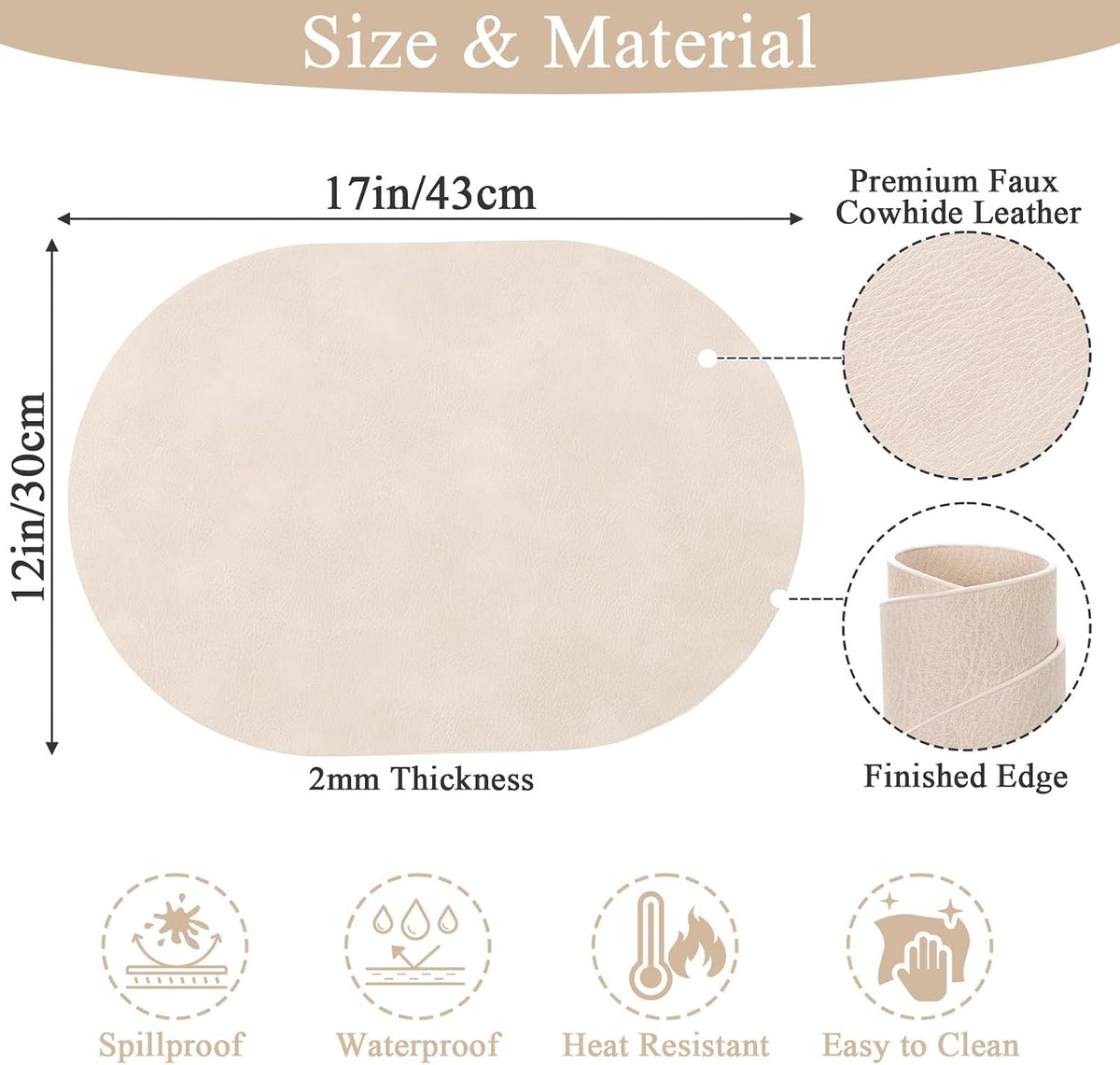 SHACOS Faux Leather Oval Placemats Set of 6 Heat Resistant, White Oak Beige