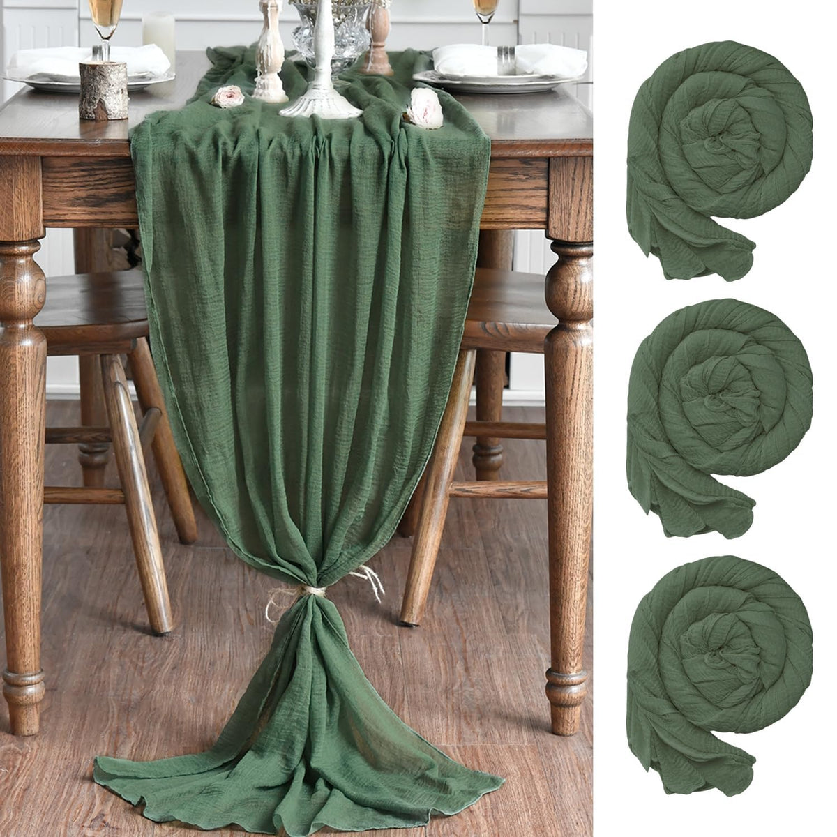 Artoid Mode Boho Cheesecloth Gauze Forest Green Wedding Table Runner, 160 Inch Seasonal Fabric Kitchen Dining Holiday Table Decor for Home Party Indoor