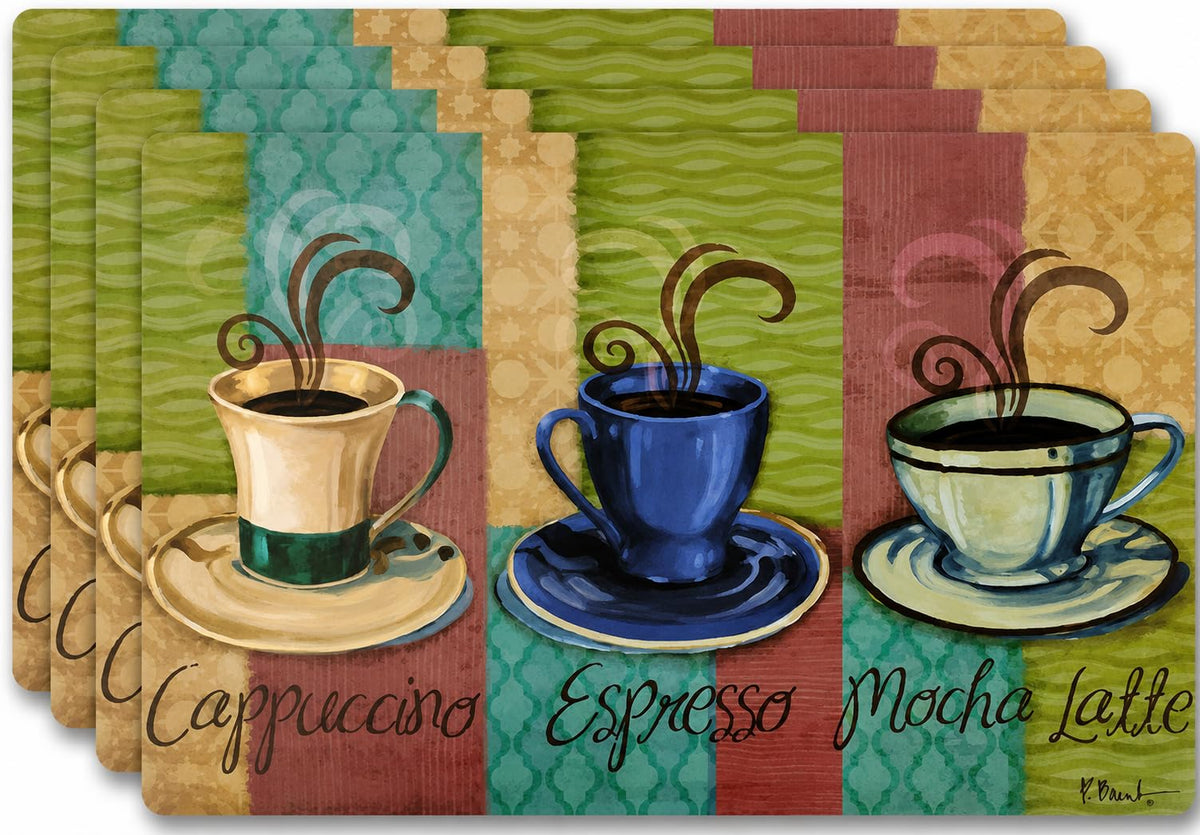 Vinyl Rectangular Placemats Set of 4 - Non Slip Place Mats Ideal for Indoor and Outdoor Dining Table - Washable and Heat Resistant Fall Placemats for Kitchen Tables (Coffee Tiles)