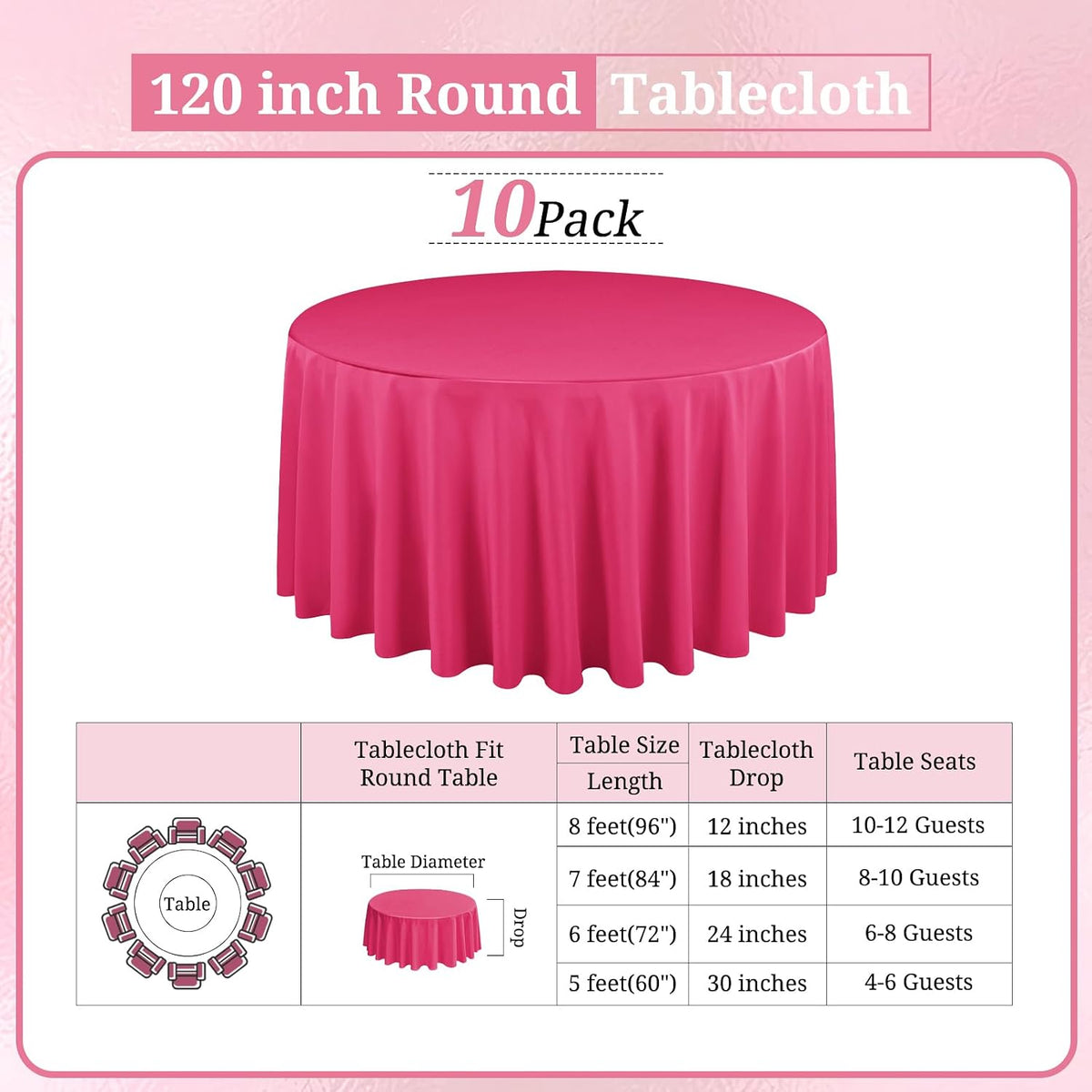 10 Packs 120 Inch Hot Pink Round Polyester Tablecloths