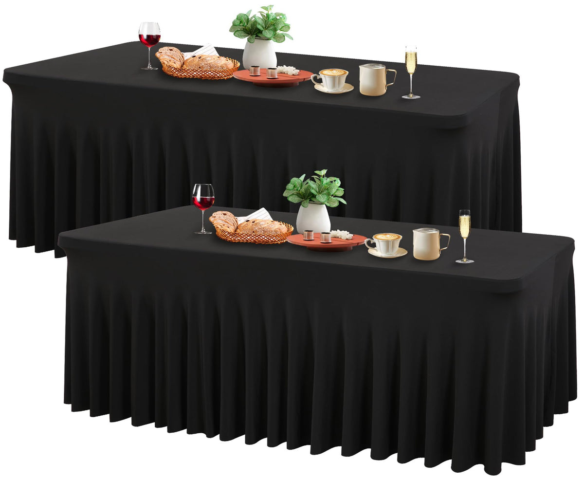 Wish Care 2 Pack Ivory Spandex Table Clothes for 6 Foot Rectangle Tables, 6FT Wrinkle Free Fitted Tablecloths Ruffles Design Table Cover for Party, Banquet, Wedding and Events