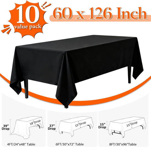10 Pack Black Tablecloths 60 x 126 Inch for 8 Foot Rectangle Tables