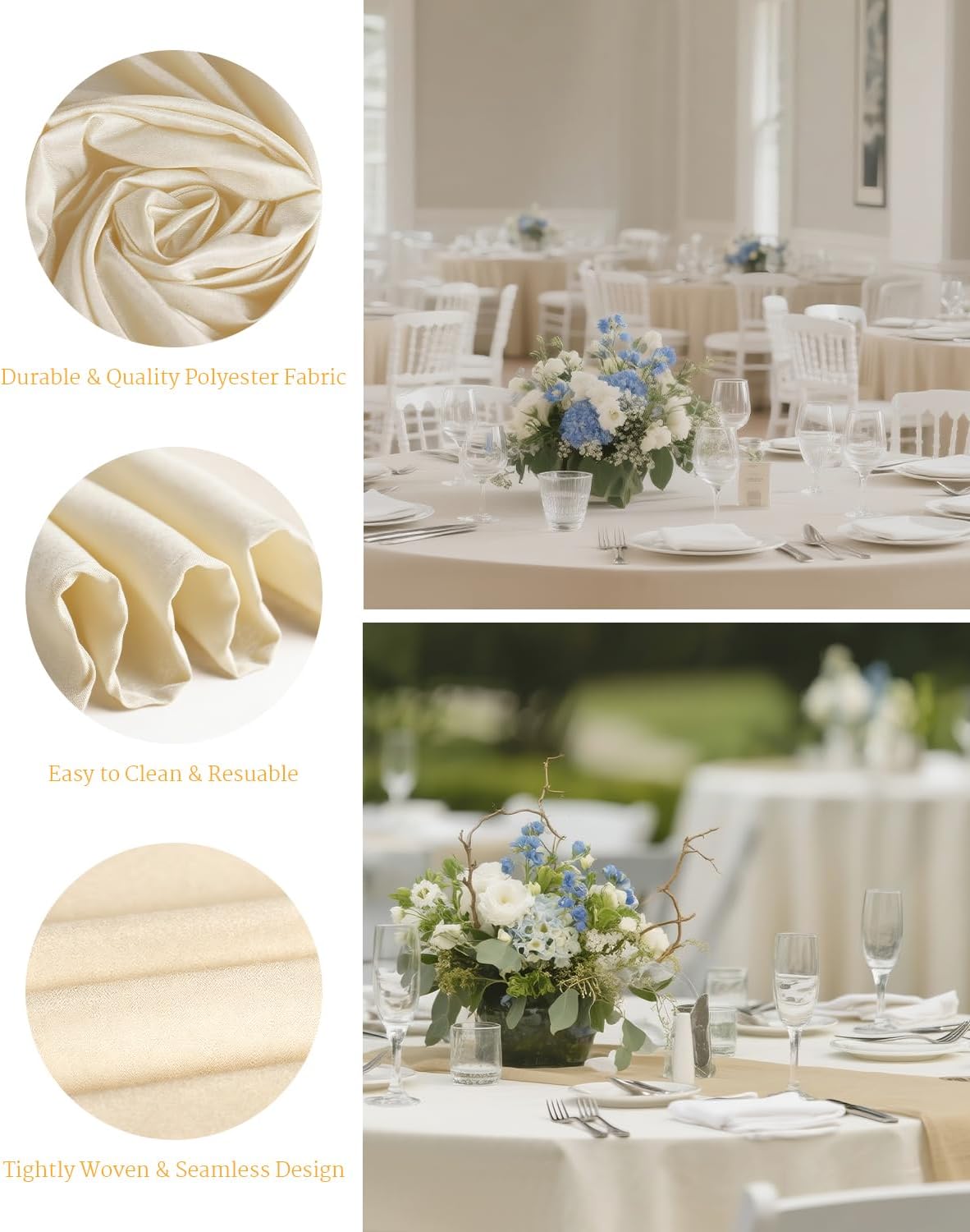 BESTVIP 6 Pack 120" Ivory Round Tablecloths | Fits 48"-78" Tables | Polyester Washable Fabric for Wedding, Party, Buffets,Banquet, Restaurant
