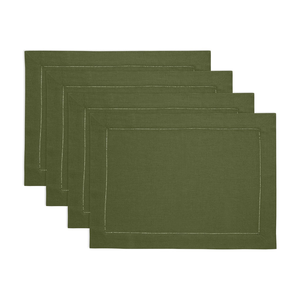 Solino Home 100% Pure Linen Placemats Green Hemstitch, 14 x 19 in, Set of 4