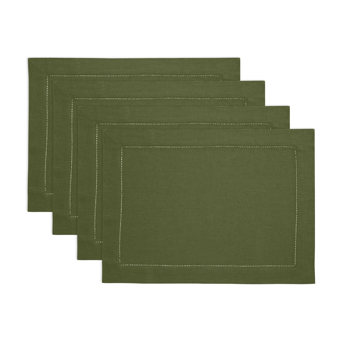 Solino Home 100% Pure Linen Placemats Green Hemstitch, 14 x 19 in, Set of 4