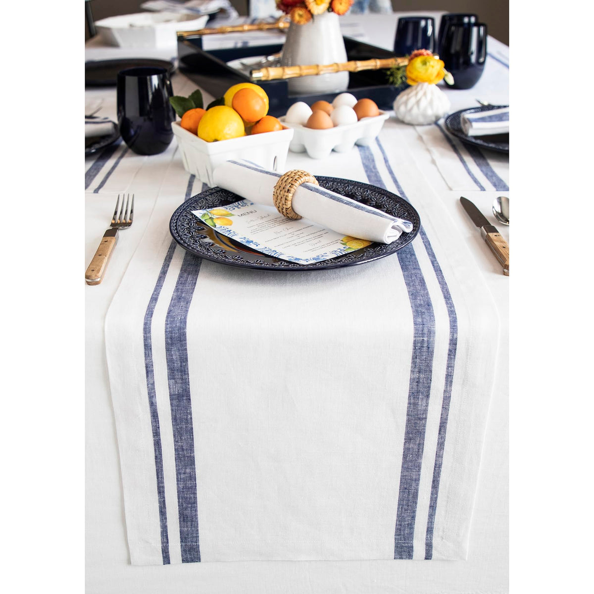 Solino Home 100% Pure Linen Table Runner, 14 x 108 in, Black, French Stripe