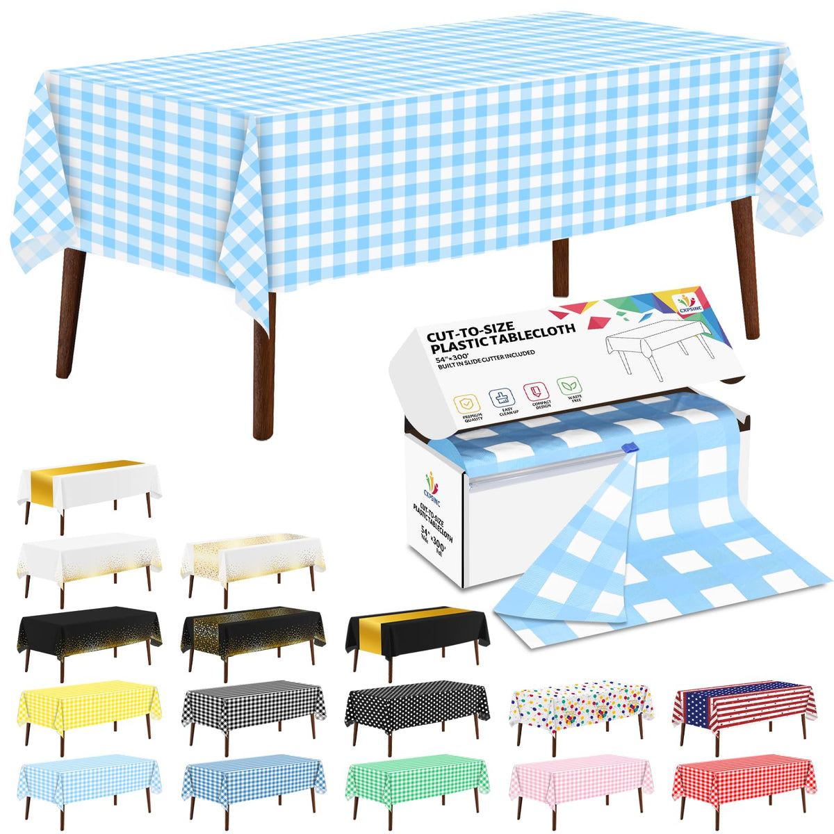 CXPSINC White Plastic Table Cloth Disposable Tablecloth Roll 54 Inch X 300 Feet Plastic Table Cover Roll with Slide Cutter for Picnics, Parties, Banquet, Birthdays, Weddings