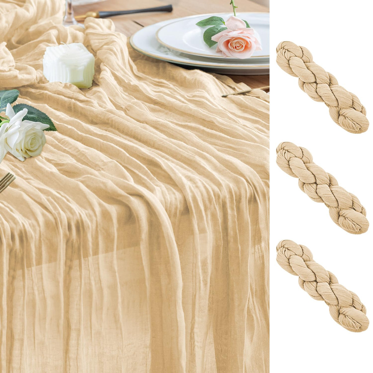 Wokceer Cheesecloth Table Runner Beige 10FT Boho Gauze Runner, 2 Pack