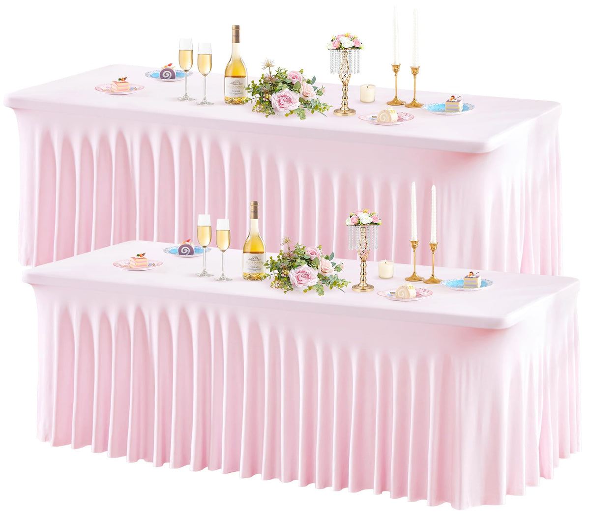 Wish Care 2 Pack Ivory Spandex Table Clothes for 6 Foot Rectangle Tables, 6FT Wrinkle Free Fitted Tablecloths Ruffles Design Table Cover for Party, Banquet, Wedding and Events