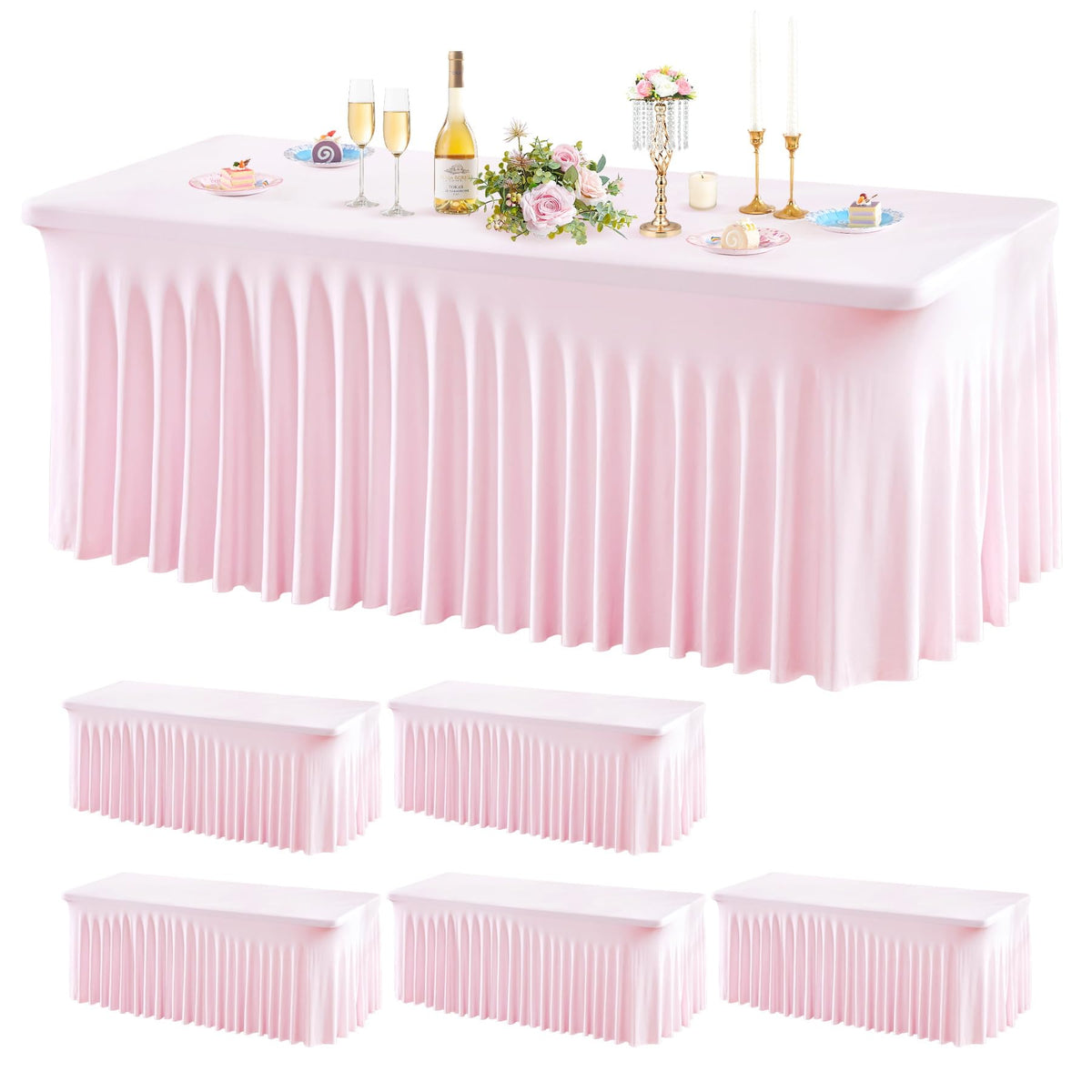 Wish Care 2 Pack Ivory Spandex Table Clothes for 6 Foot Rectangle Tables, 6FT Wrinkle Free Fitted Tablecloths Ruffles Design Table Cover for Party, Banquet, Wedding and Events