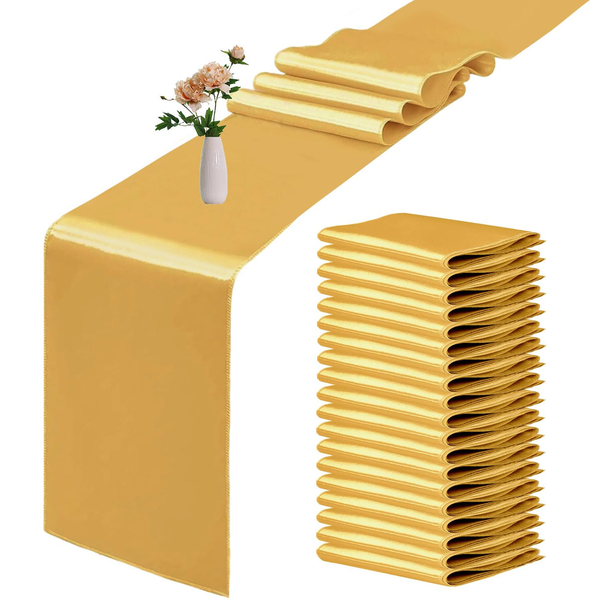 10 Pack Satin Table Runner 12 x 108 Inch Long Light Gold Smooth Silk Fabric Table Runner for Birthday Parties Wedding Banquets Decorations.