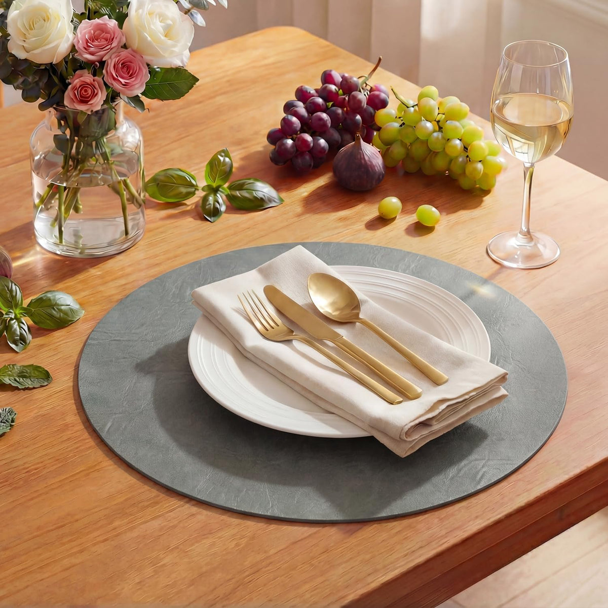 Artoid Mode Olive Green Faux Leather Placemats Set of 6, 15 Inch Waterproof Wipeable Heat Resistant Vinyl Place Mats, Reversible Table Mats for Kitchen Dining Decor