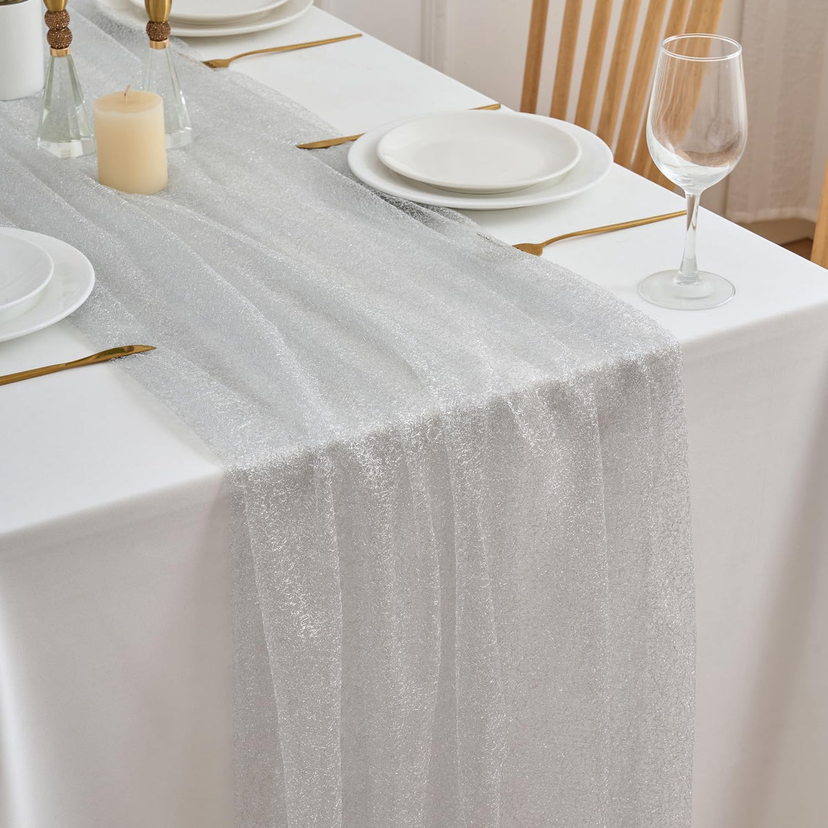 MANGATA CASA 2pcs 10FT Boho Tulle Cheesecloth Table Runner, Sheer Decor for Wedding Birthday Graduation Party（Gold-28"x120"