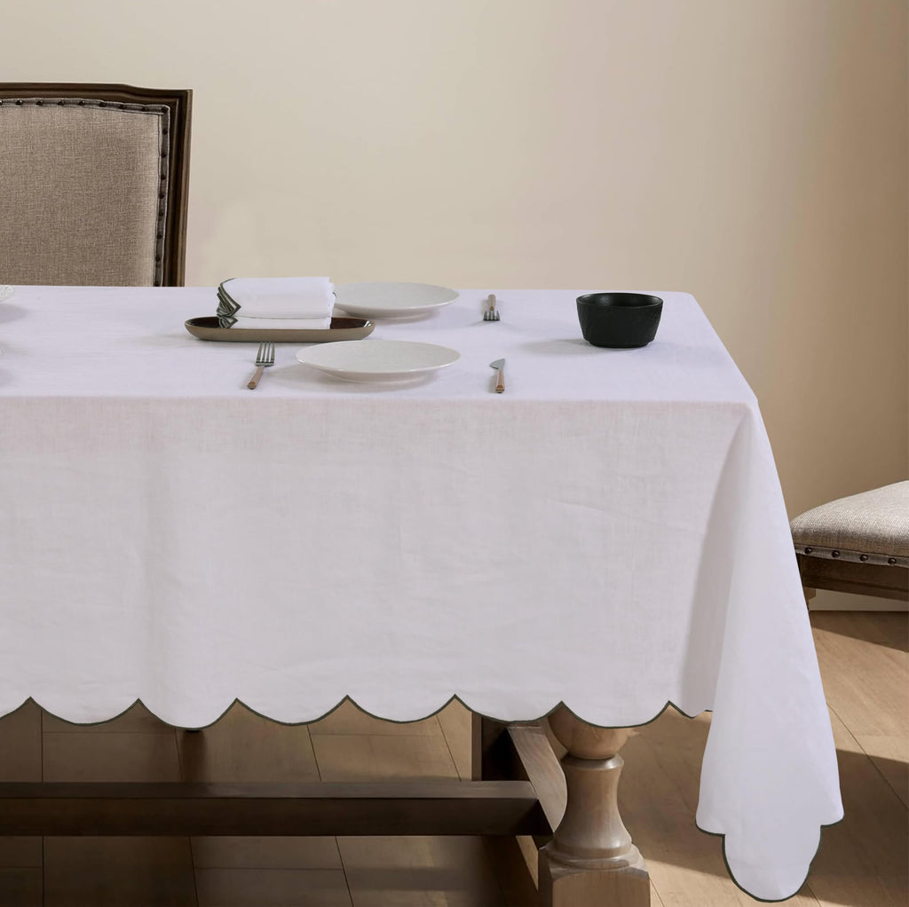 100% French Flax Linen Tablecloths Scalloped Embroidery Rectangle 132Lx60W Inch for Dinners, Parties, Spring, Machine Washable, 12-14 Sets, Linen(Edges-Gold)