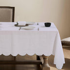 100% French Flax Linen Tablecloths Scalloped Embroidery Rectangle 132Lx60W Inch for Dinners, Parties, Spring, Machine Washable, 12-14 Sets, Linen(Edges-Gold)