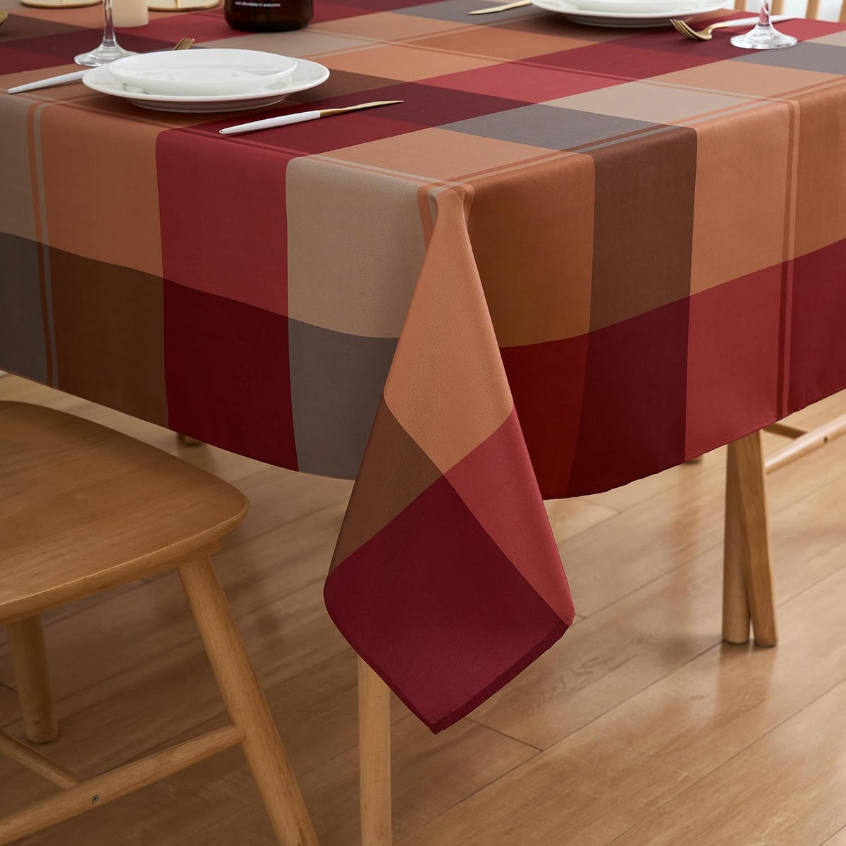 Rectangle Tablecloth 60" x 84" Winter Brown Plaid Table Cloth - Oblong Autumn Polyester Red Brown Harvest Checkered Gingham Christmas Table Cover Reusable Water Resistant for Fall Thanksgiving Holiday