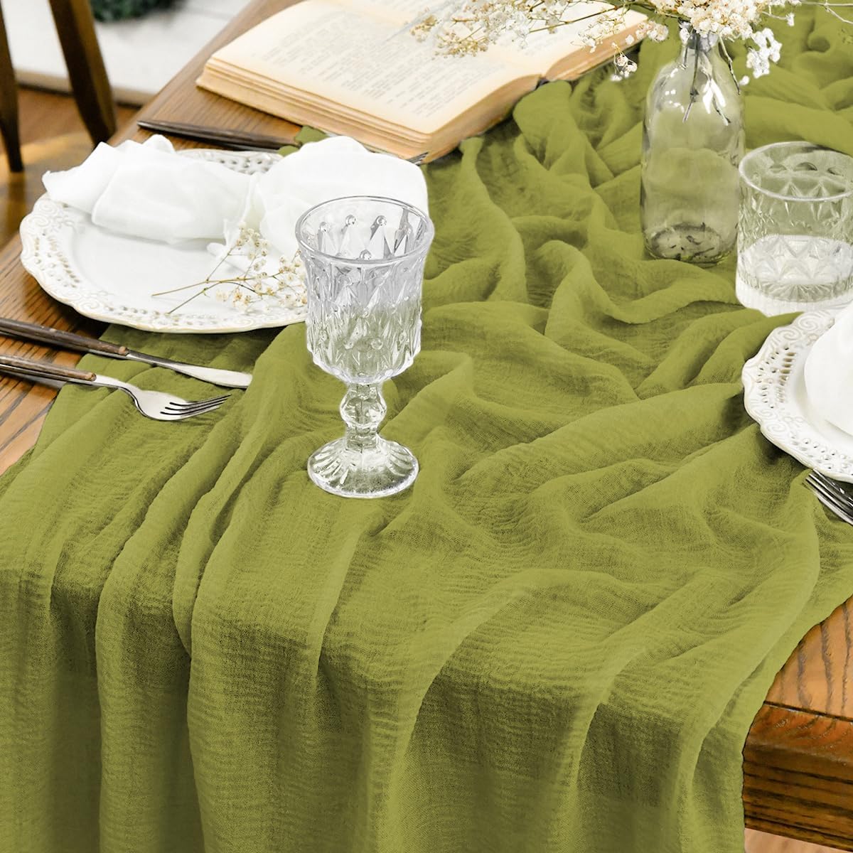 Artoid Mode Boho Cheesecloth Gauze Forest Green Wedding Table Runner, 160 Inch Seasonal Fabric Kitchen Dining Holiday Table Decor for Home Party Indoor