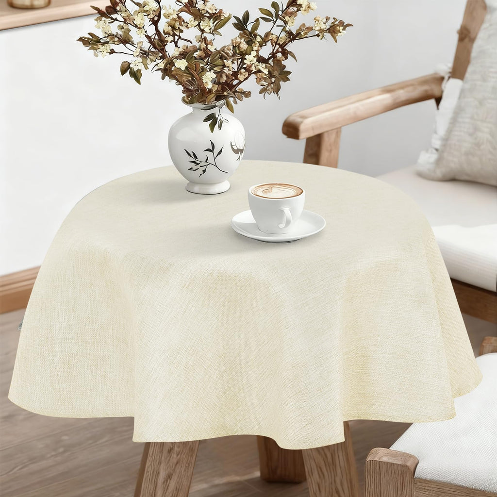 JIUZHEN Round Table Cloth Faux Linen Farmhouse Tablecloth Wrinkle and Stain Resistant Decorative Fabric Table Cover for Kitchen, Dining Room, Parties and Camping, Beige, 90 Inch Round