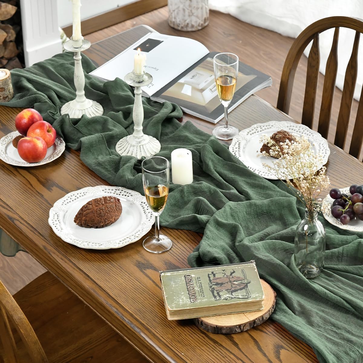 Artoid Mode Boho Cheesecloth Gauze Forest Green Wedding Table Runner, 160 Inch Seasonal Fabric Kitchen Dining Holiday Table Decor for Home Party Indoor