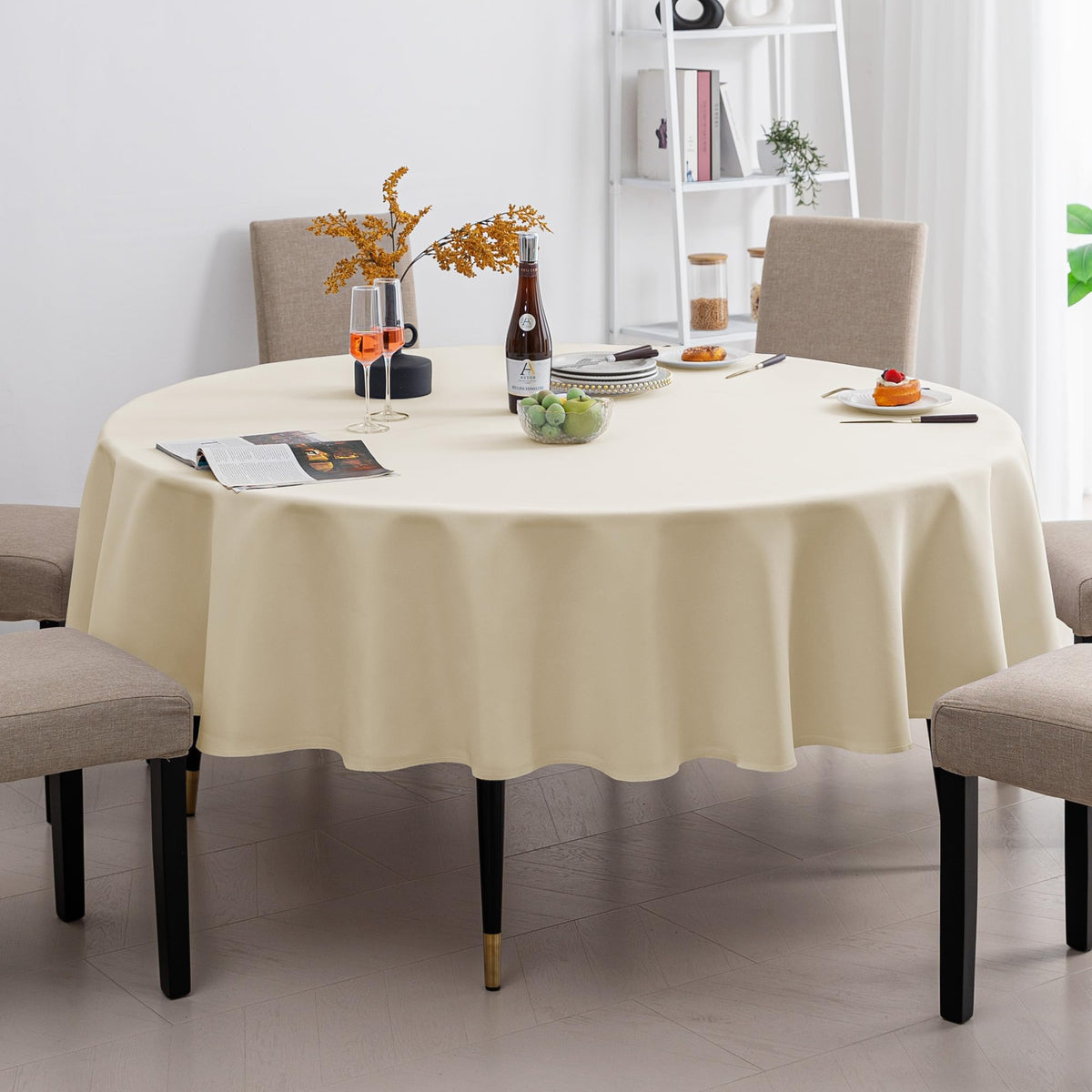 Amazon Basics Round Tablecloths, Decorative Solid Color Water-Resistant, Wipeable Circle Table Cloth Cover for Kitchen, Dining, 108", Beige, Pack of 2