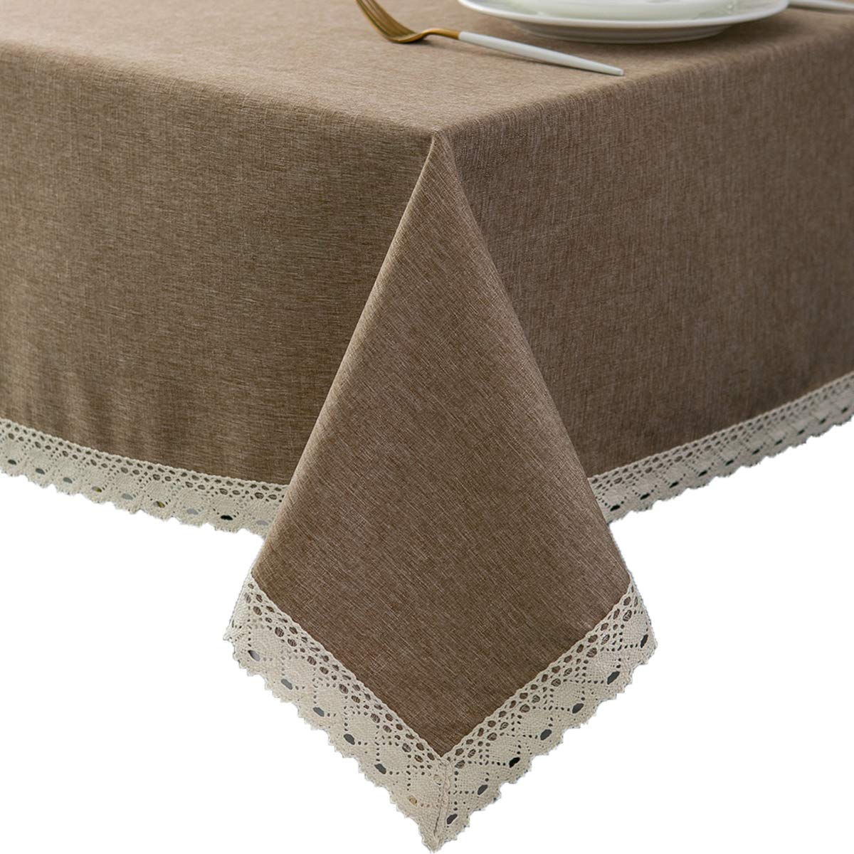 EHouseHome Faux Linen Tablecloth with Lace Trim - Waterproof/Spill Proof/Stain Resistant/Wrinkle Free/Oil Proof - for Banquet, Parties, Dinner,Kitchen,Wedding,Coffee,Holiday,Flax,Rectangle 60x84Inch