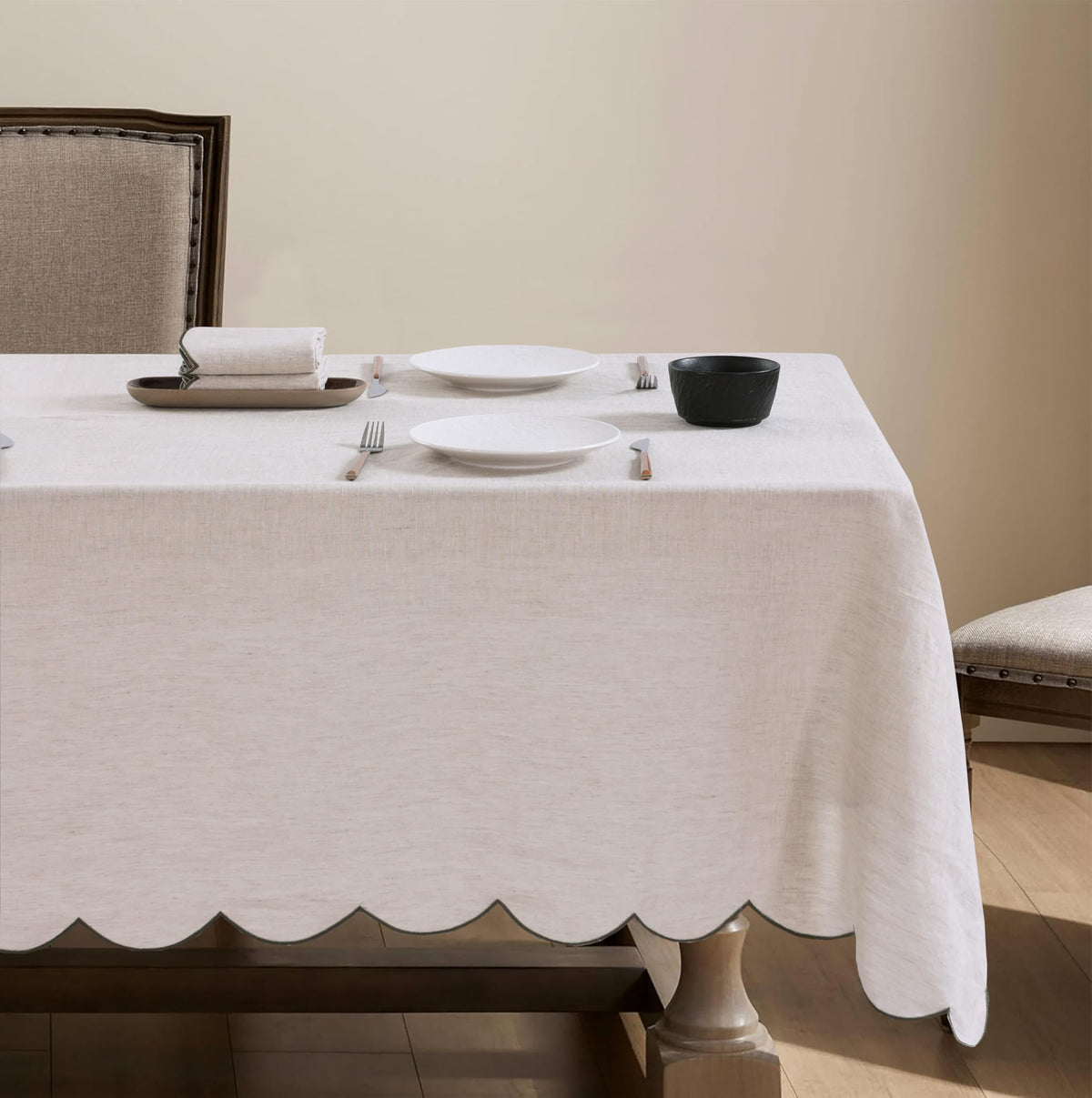 100% French Flax Linen Tablecloths Scalloped Embroidery Rectangle 132Lx60W Inch for Dinners, Parties, Spring, Machine Washable, 12-14 Sets, Linen(Edges-Gold)