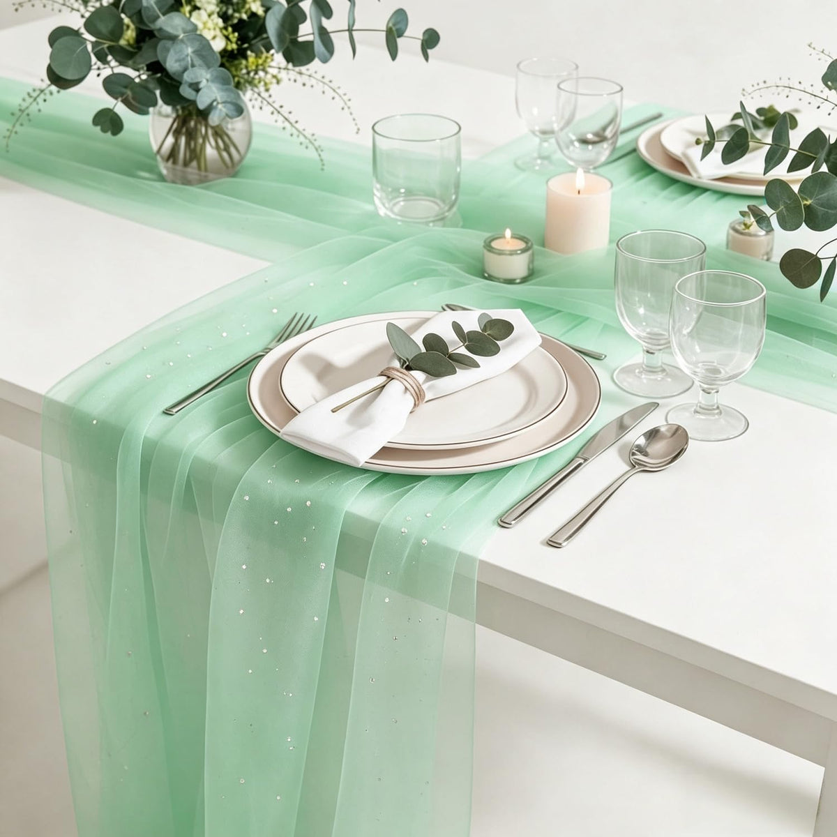MANGATA CASA 2pcs 10FT Boho Tulle Cheesecloth Table Runner, Sheer Decor for Wedding Birthday Graduation Party（Gold-28"x120"