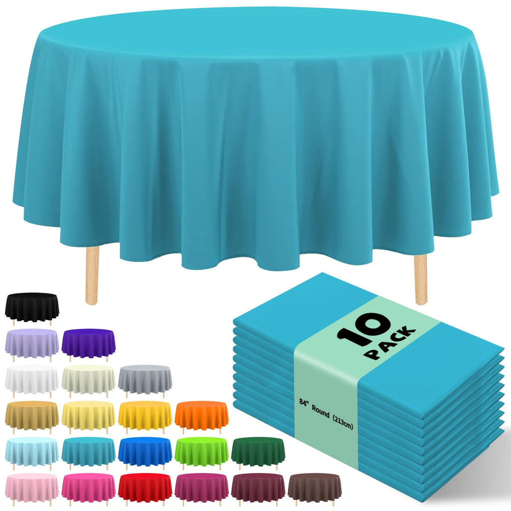 10 Pack Gold Round Tablecloth 84 Inch Round Plastic Table Cloth Disposable Waterproof Table Cover for Wedding Birthday Bridal Shower Party Decorations