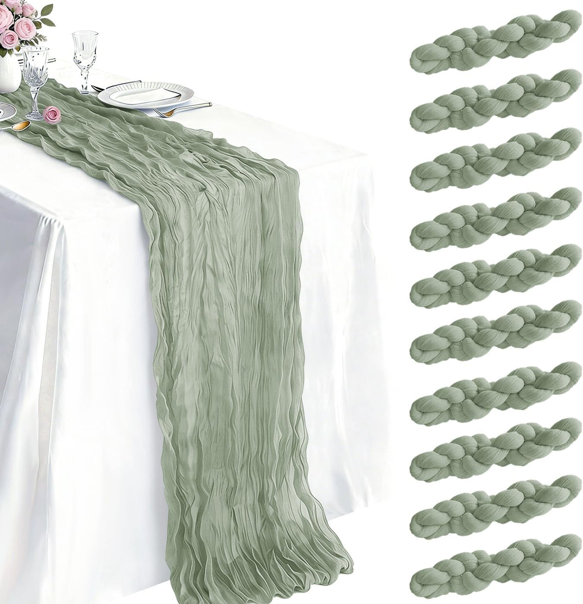 10 Pack Sage Green Cheesecloth Table Runner 21 x 120 Inch Boho Gauze Sheer Table Runner 10FT Long for Wedding Baby Shower Bridal Shower Easter Holiday Birthday Home Decor